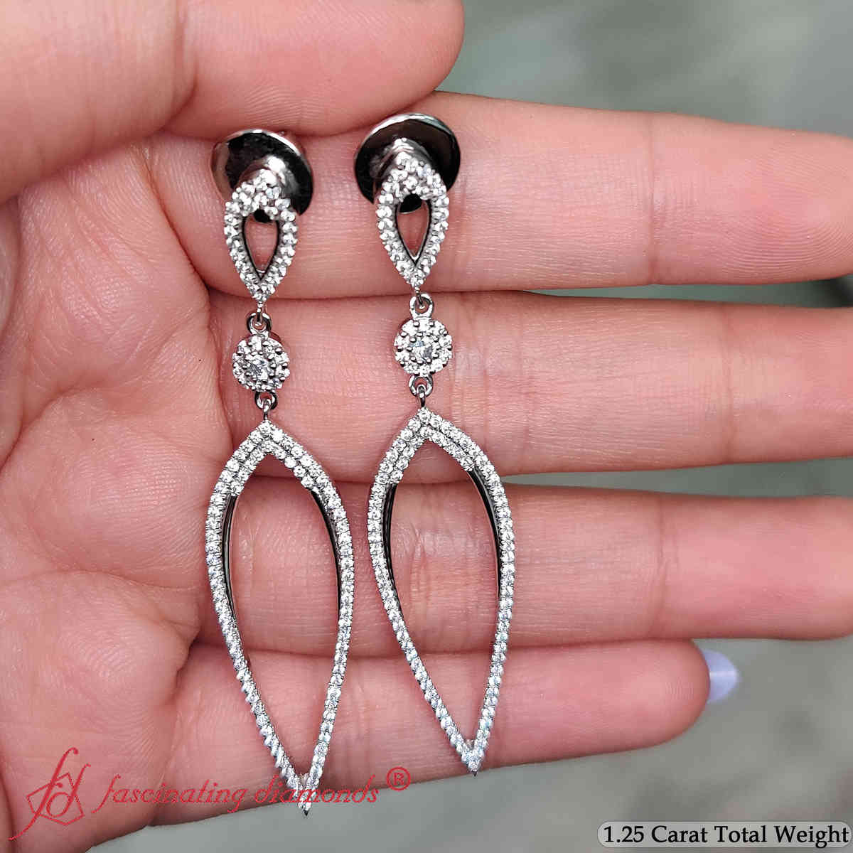 Long Hanging Diamond Teardrop Earring with 14K White Gold White Diamond