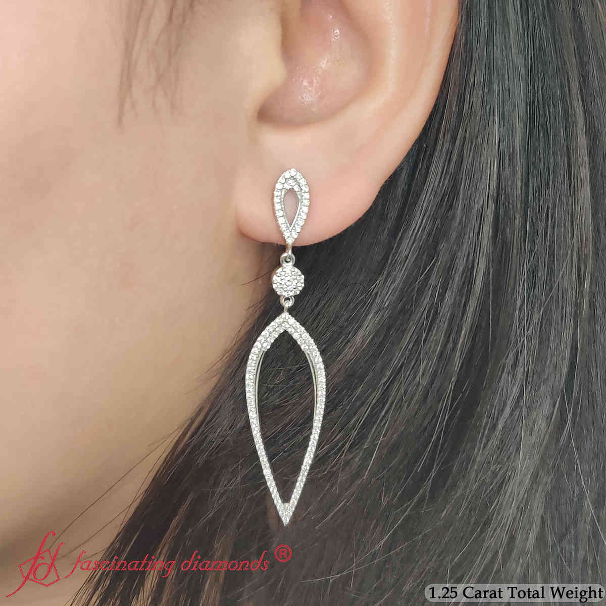 Long Hanging Diamond Teardrop Earring with 14K White Gold White Diamond