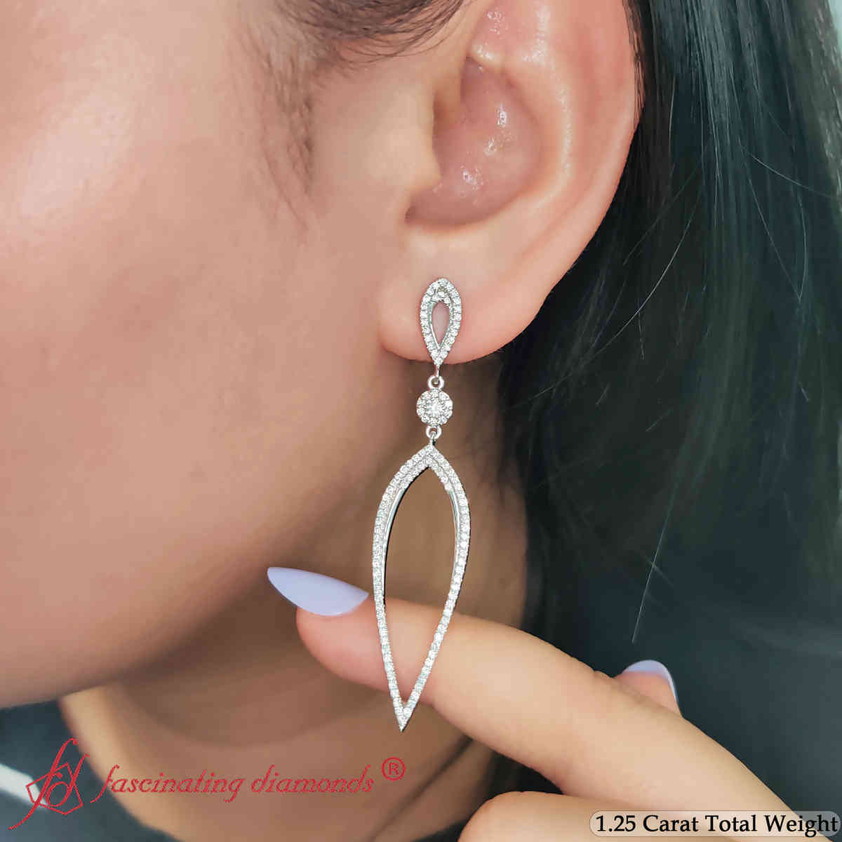 Long Hanging Diamond Teardrop Earring with 14K White Gold White Diamond