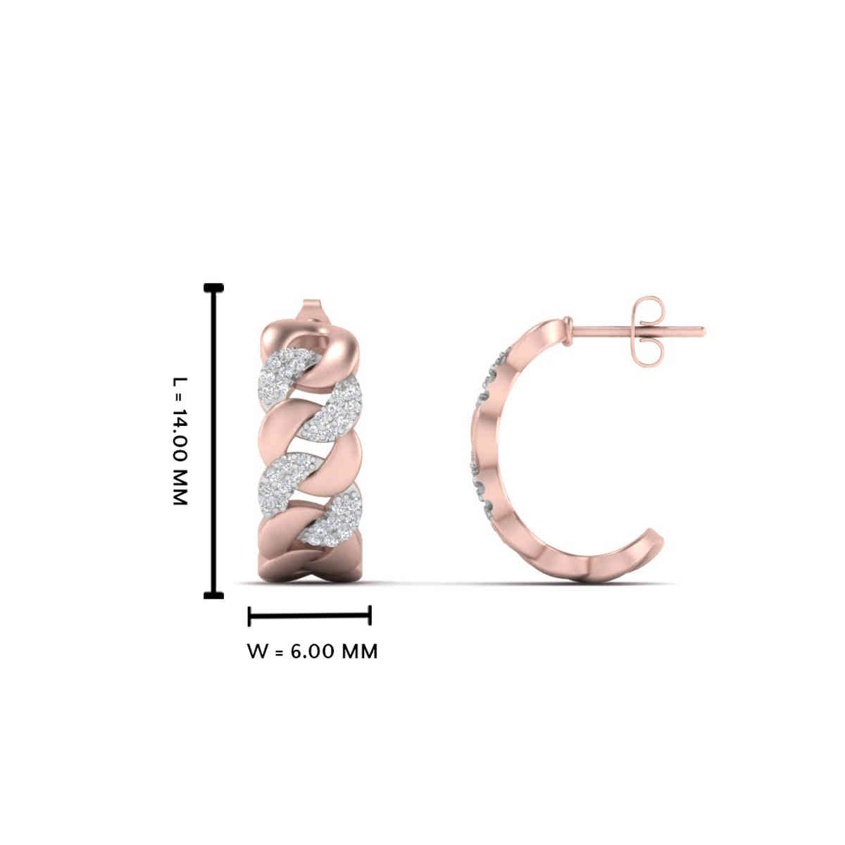 Gold Diamond Cuban Link Hoop Earrings with 18K Rose Gold White Diamond