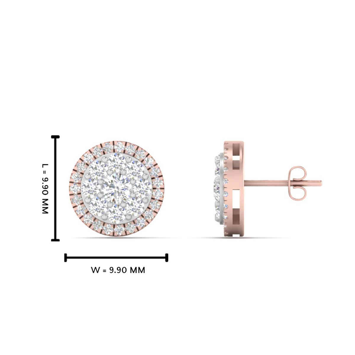 Beautiful 1 Carat Cluster Circle 2 Tone Halo Earrings with 14K Rose Gold White Diamond
