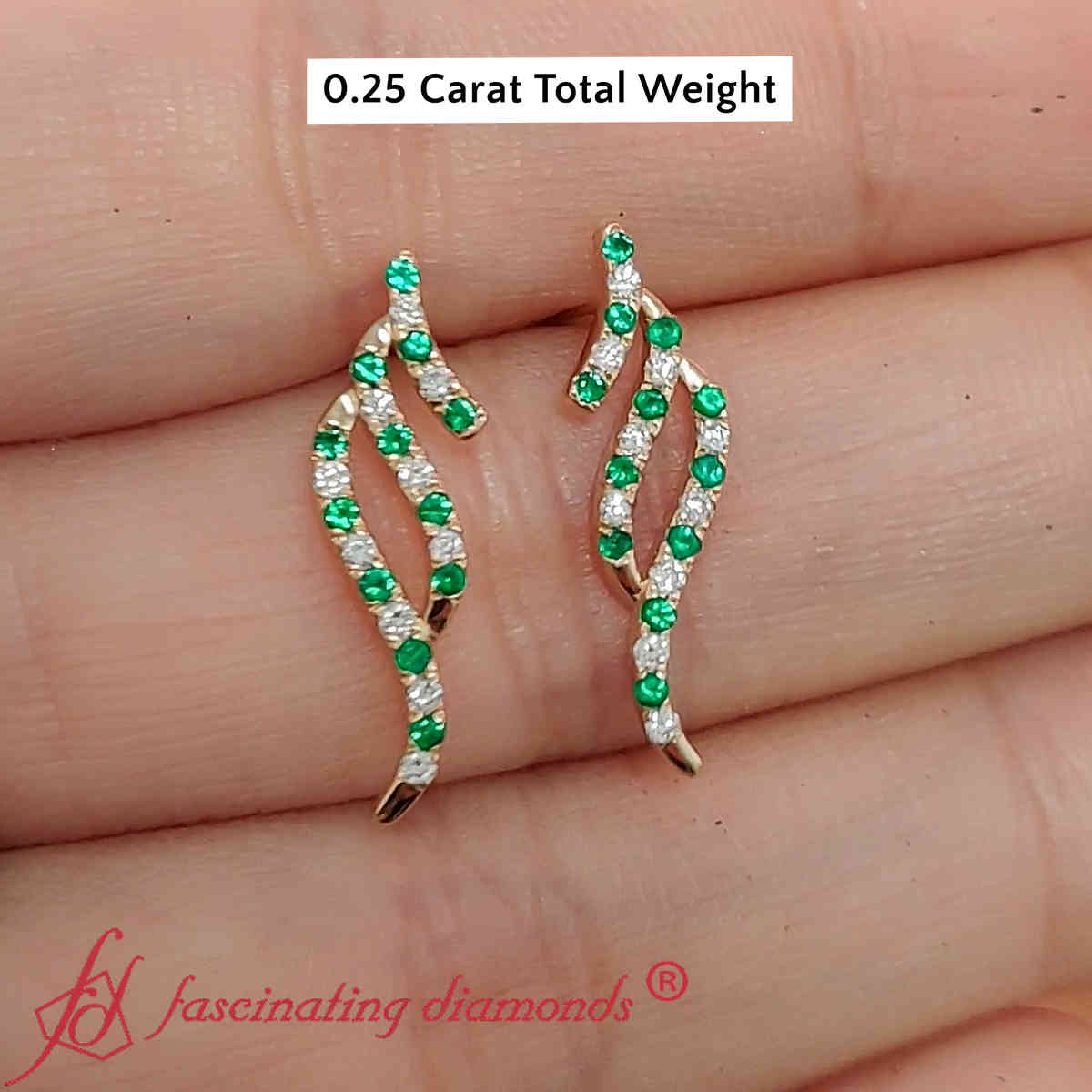 Swirl Delicate Earrings with 14K Yellow Gold Green Emerald