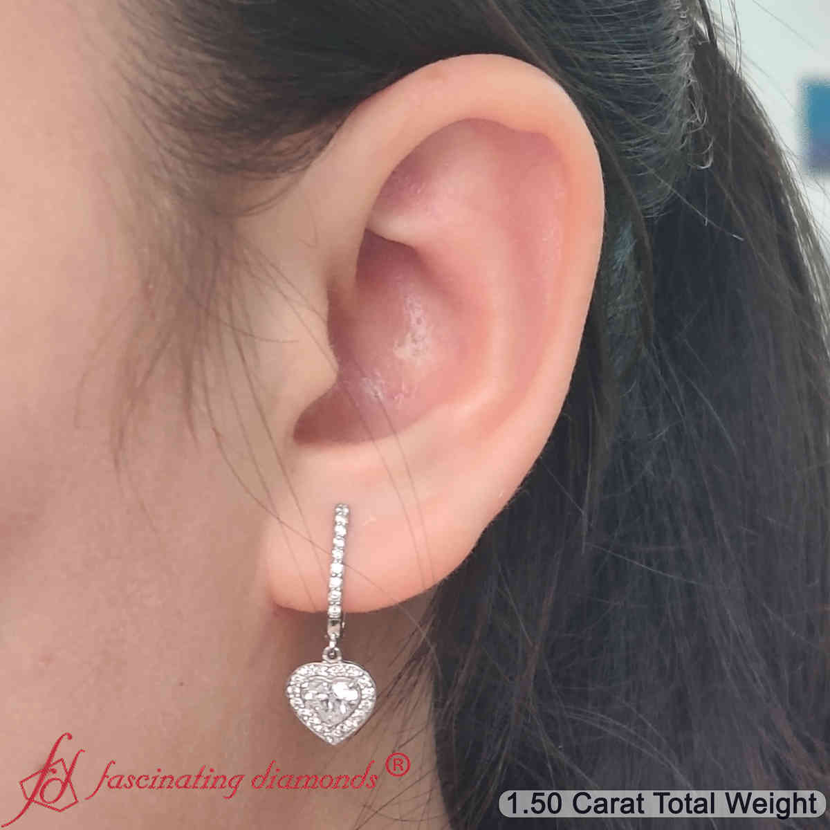 Heart Halo Drop Dangle Earring with 18K White Gold White Diamond