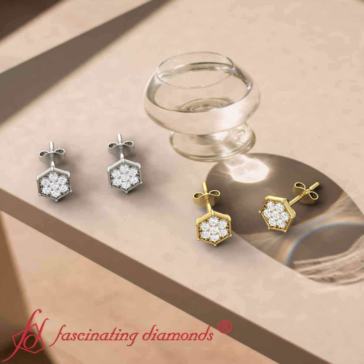 Hexagon Pave Stud Earrings with 14K Yellow Gold White Diamond