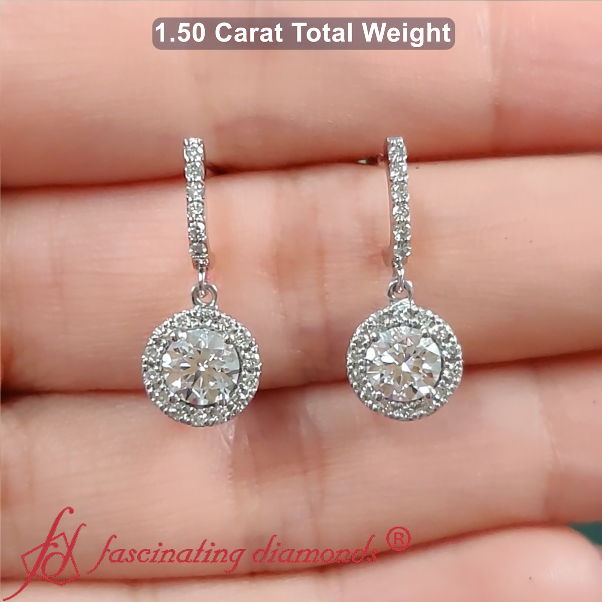 Dazzling Drop Round Halo Earrings with 14K White Gold White Diamond