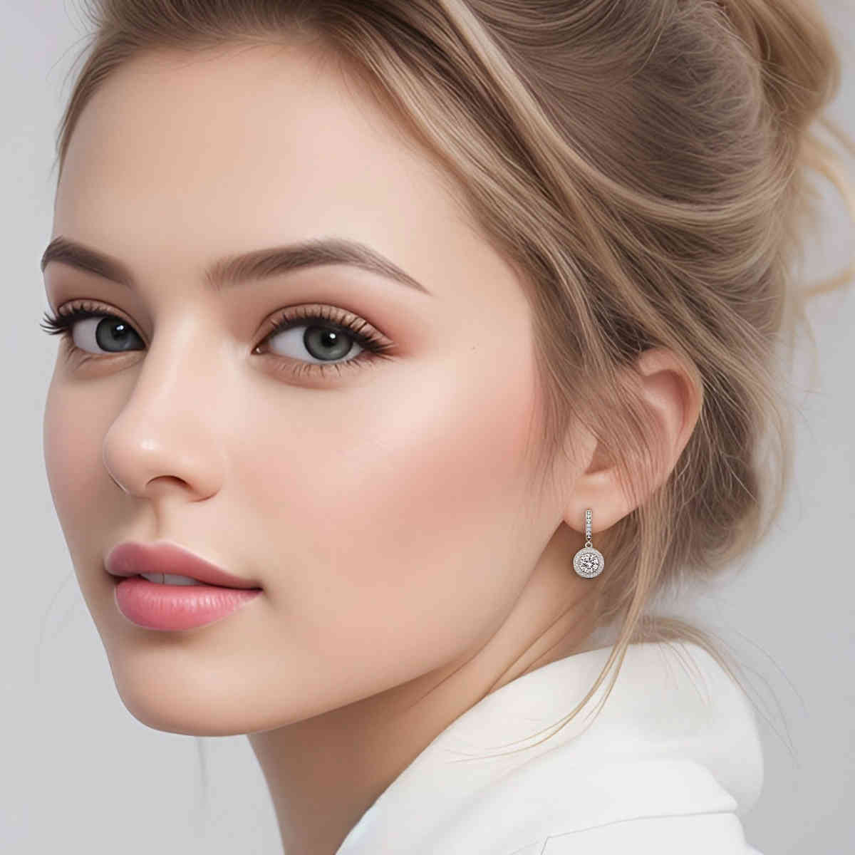 Dazzling Drop Round Halo Earrings with 14K White Gold White Diamond