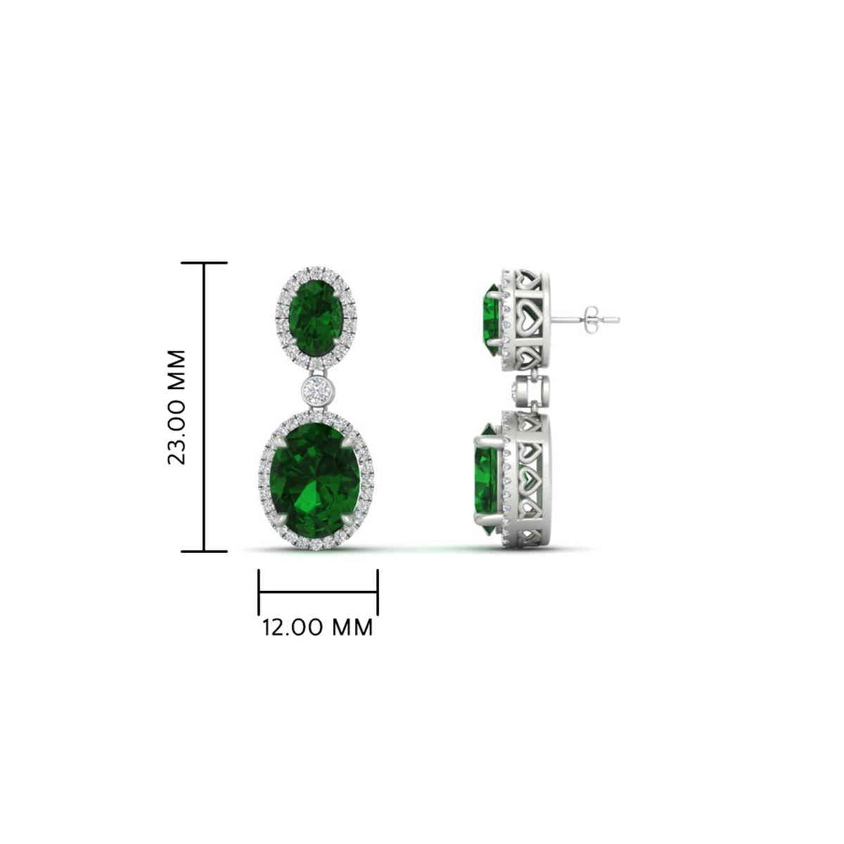 Two Oval Drop With Halo Lab Diamond Earrings with 14K White Gold Green Emerald