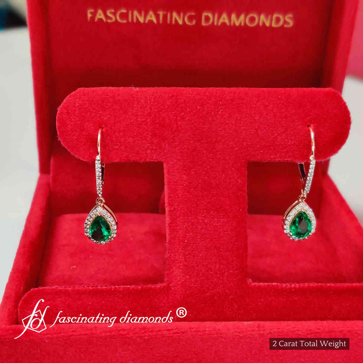 Teardrop Halo Leverback Earrings with 18K Rose Gold Green Emerald