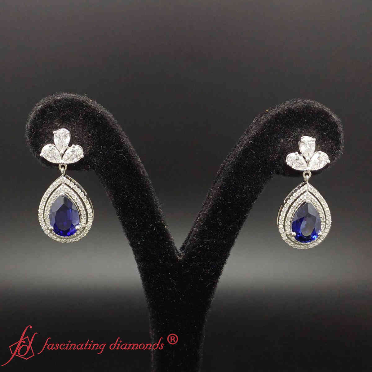 Double Halo Pear Drop Earrings with 14K White Gold Blue Sapphire
