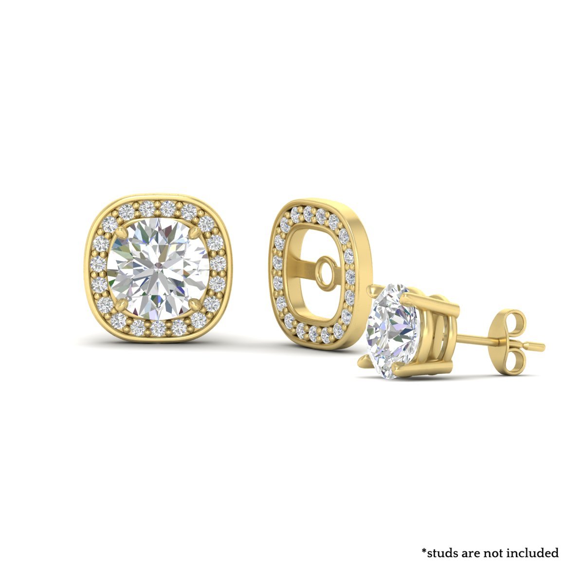 Halo Cushion Frame Jacket For Diamond Stud with 14K Yellow Gold White Diamond