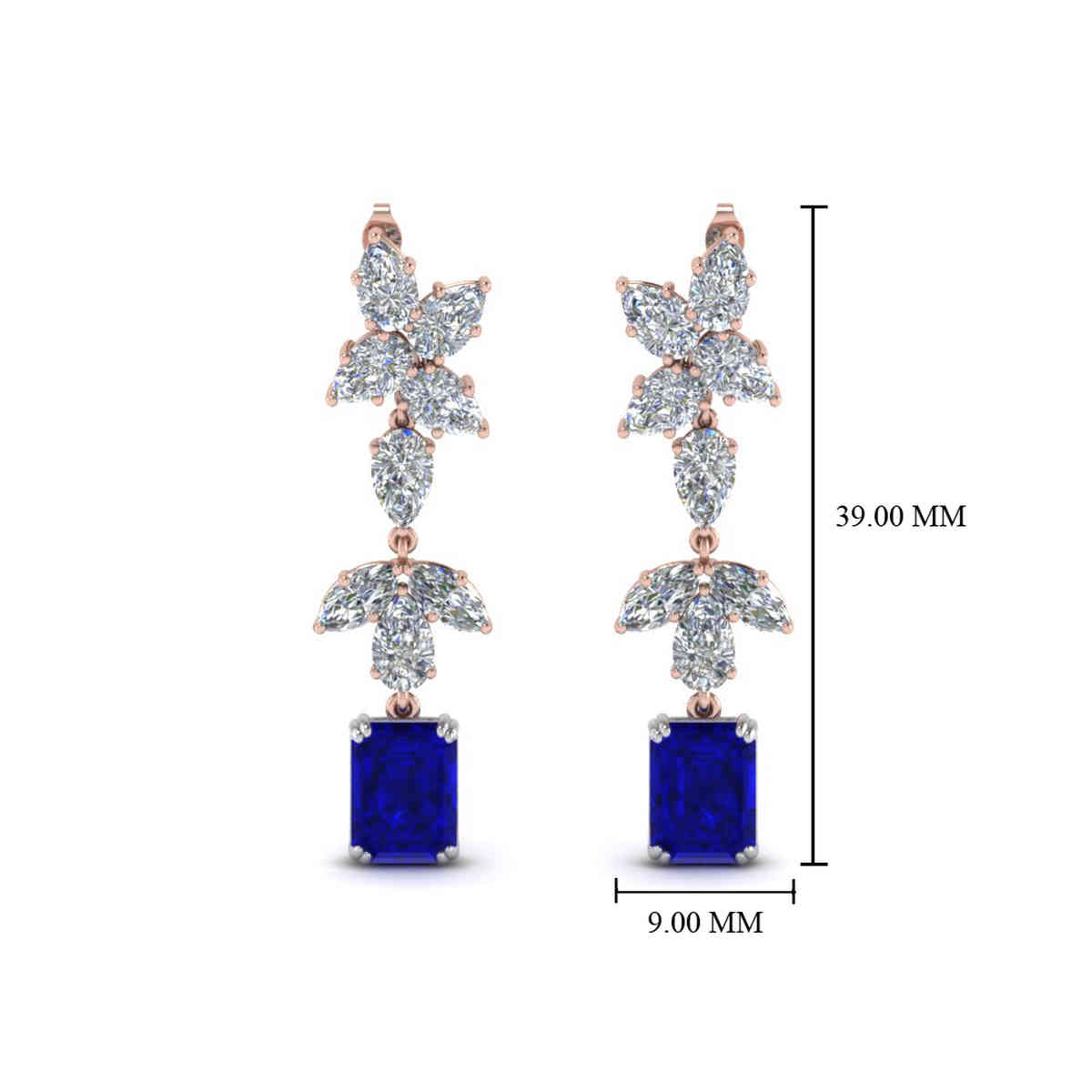 Mixed Shape Cluster Drop Earring with 14K Rose Gold Blue Sapphire