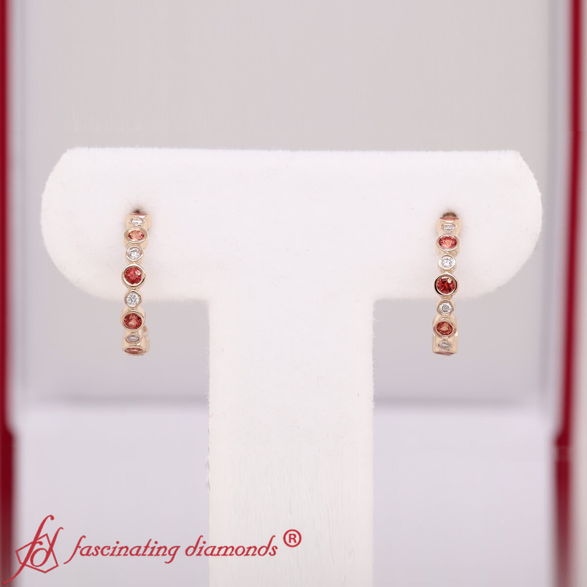 Bezel Set J Hoop Earring with 14K Yellow Gold Orange Sapphire