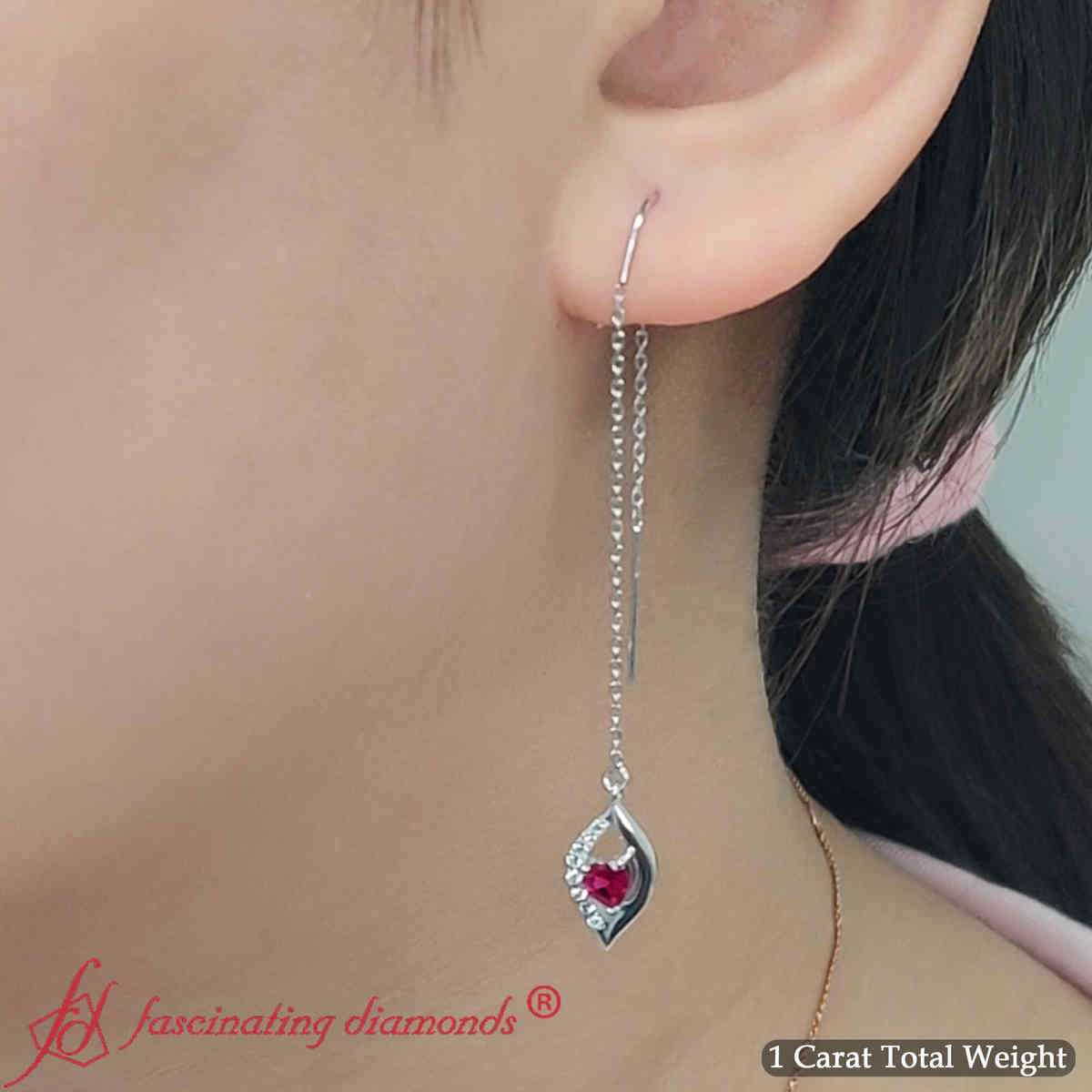 Long Threader Heart Drop Earring with 14K White Gold Red Ruby