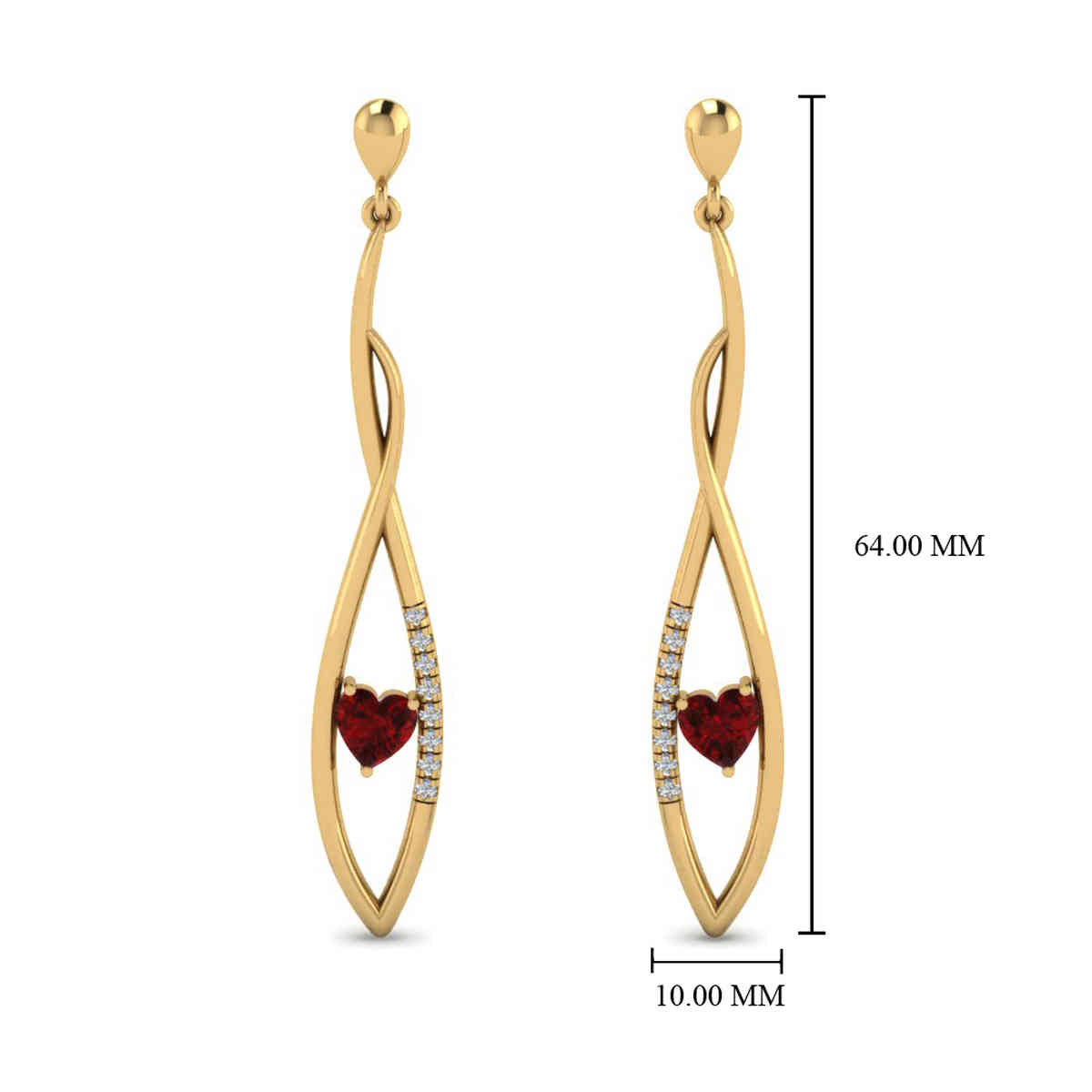 Long Twist Stud Drop Earring with 14K Yellow Gold Red Ruby