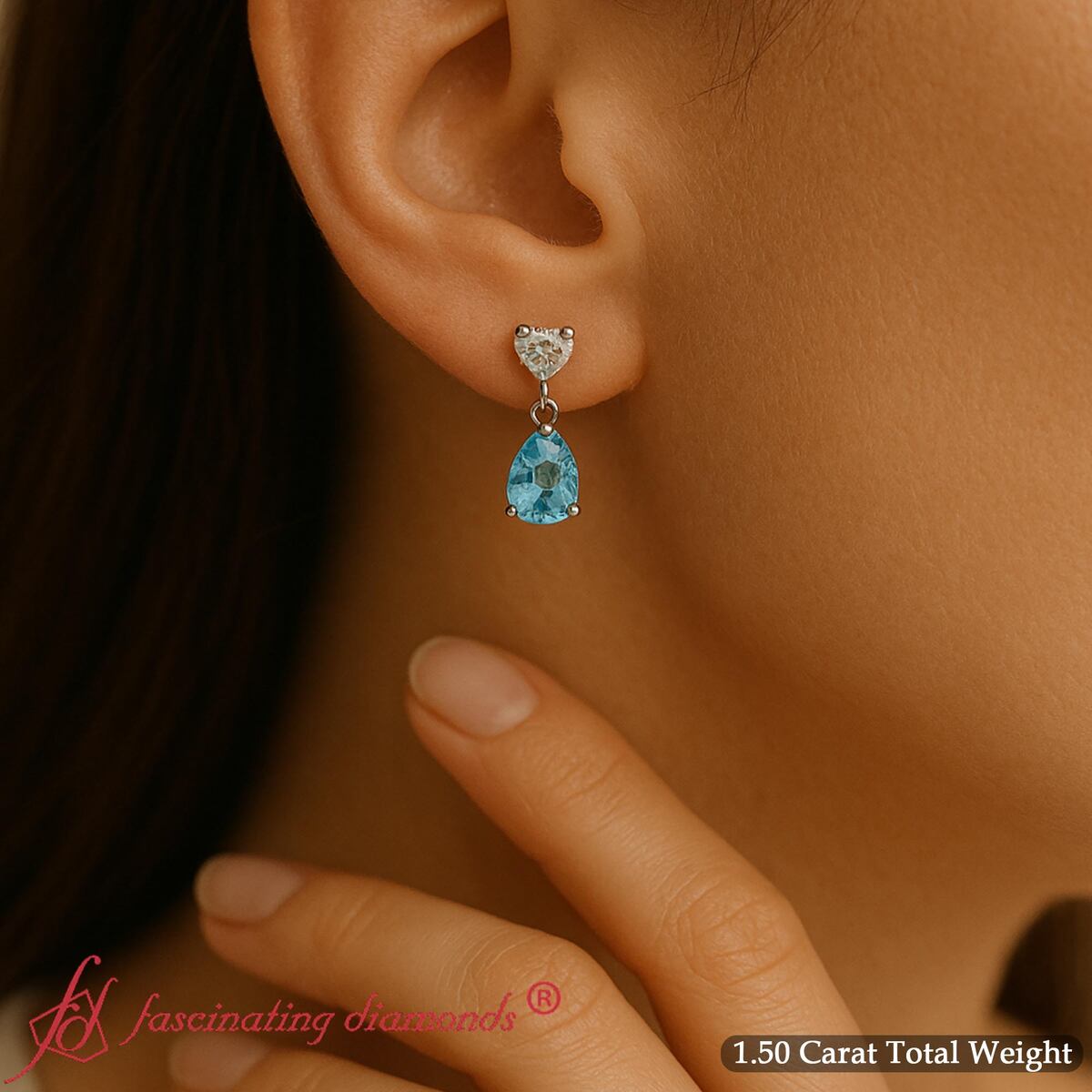 Heart Stud Teardrop Earring with 14K White Gold Ice Blue Topaz