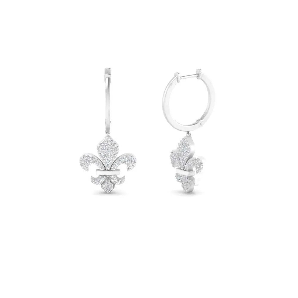 Fleur De-Lis Drop Diamond Earring with 14K White Gold White Diamond