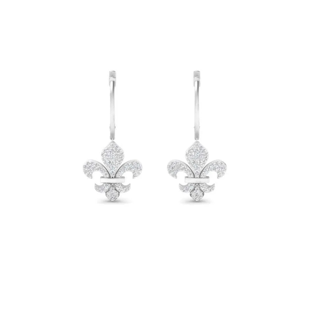 Fleur De-Lis Drop Diamond Earring with 14K White Gold White Diamond