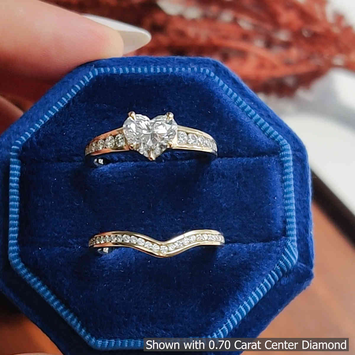 0.70 Ct. Heart Shaped Graduated Lab Diamond Wedding Set with 14K Yellow Gold White Diamond