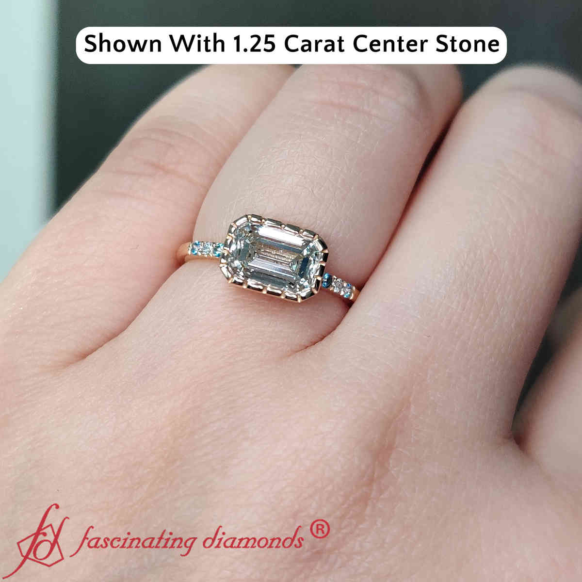 Emerald Shaped Art Deco East West Engagement Ring with Ice Blue Topaz in 14K Yellow Gold