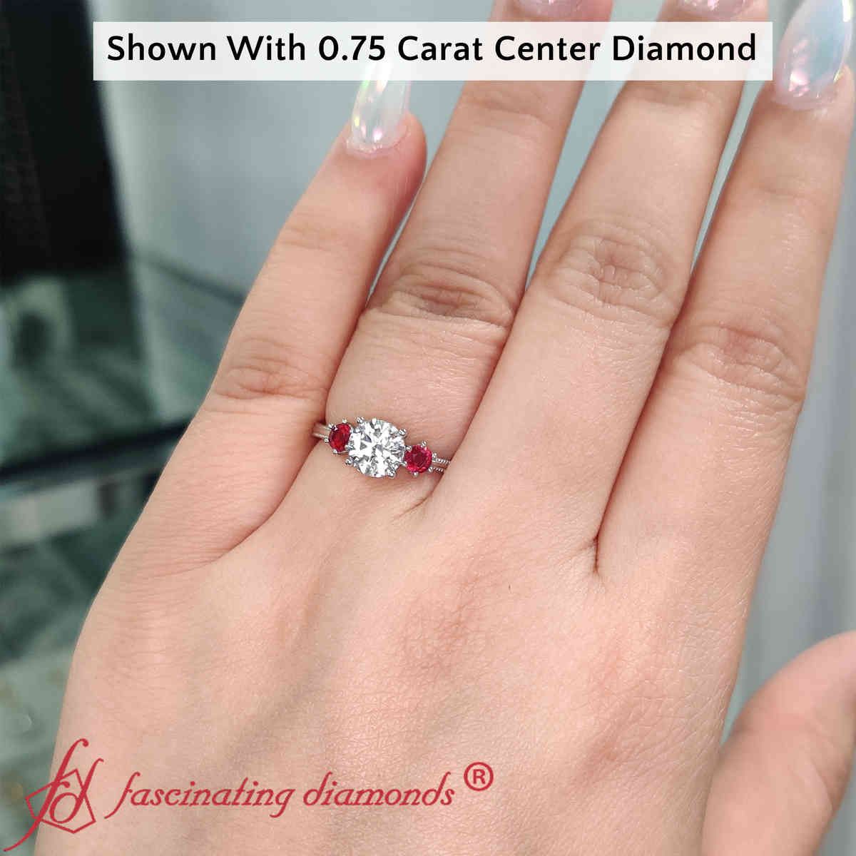 0.75 Carat Round Cut 3 Stone Milgrain Ring with 14K White Gold Red Ruby