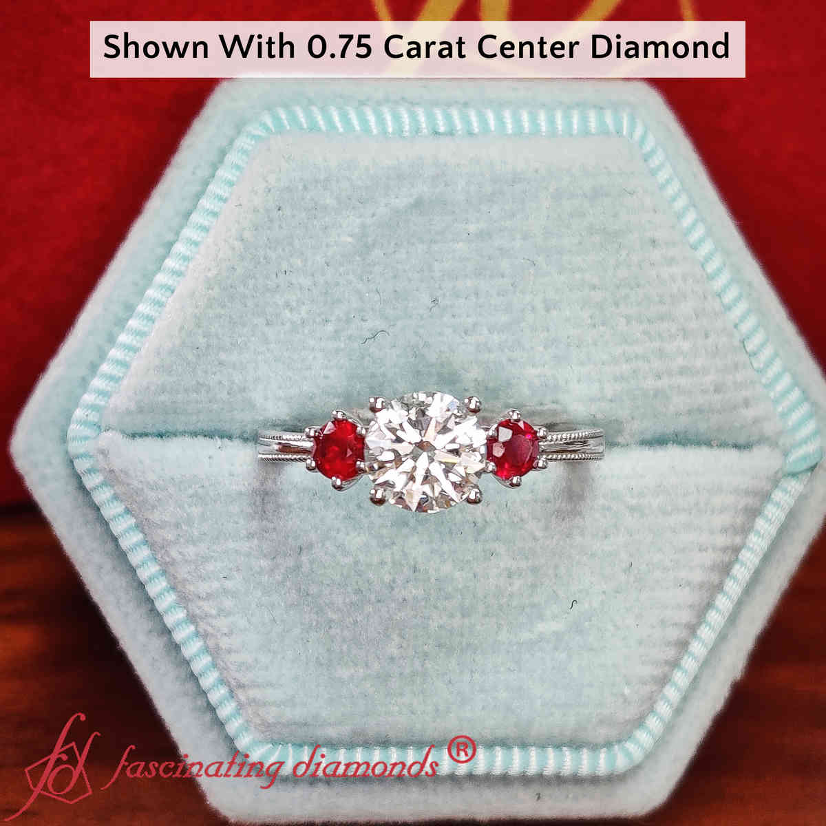 0.75 Carat Round Cut 3 Stone Milgrain Ring with 14K White Gold Red Ruby