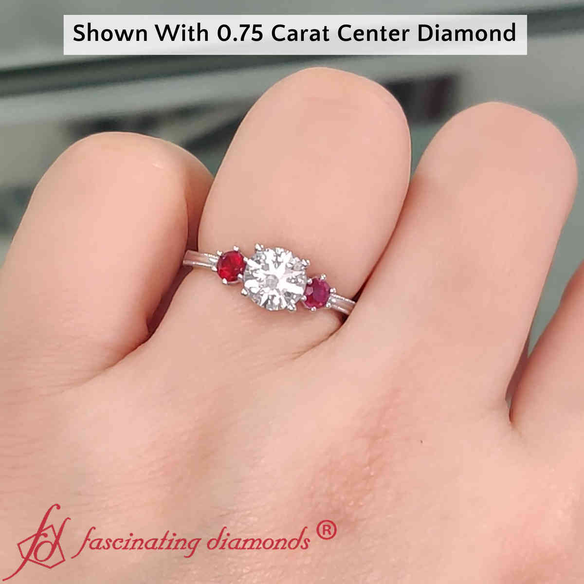0.75 Carat Round Cut 3 Stone Milgrain Ring with 14K White Gold Red Ruby