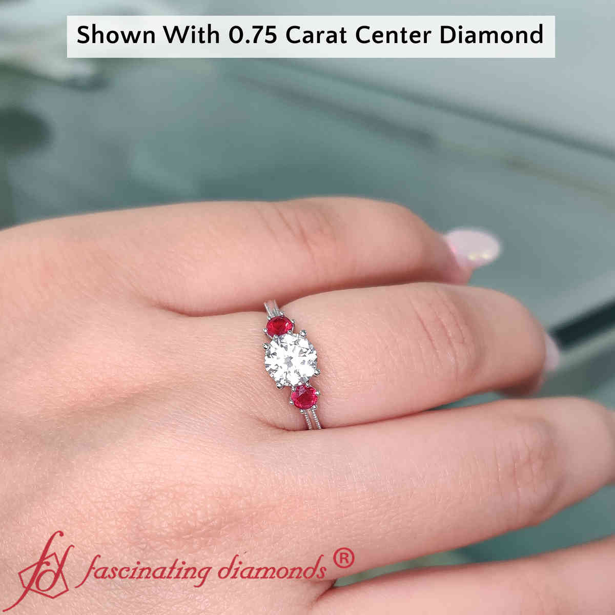 0.75 Carat Round Cut 3 Stone Milgrain Ring with 14K White Gold Red Ruby