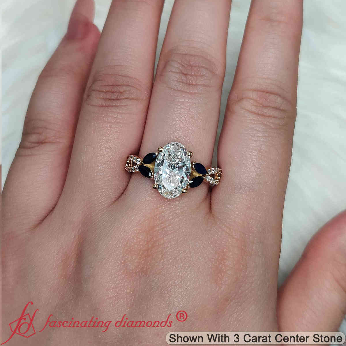 3 Carat Oval Lab Diamond Twisted Vine Engagement Ring with 18K Yellow Gold Blue Sapphire