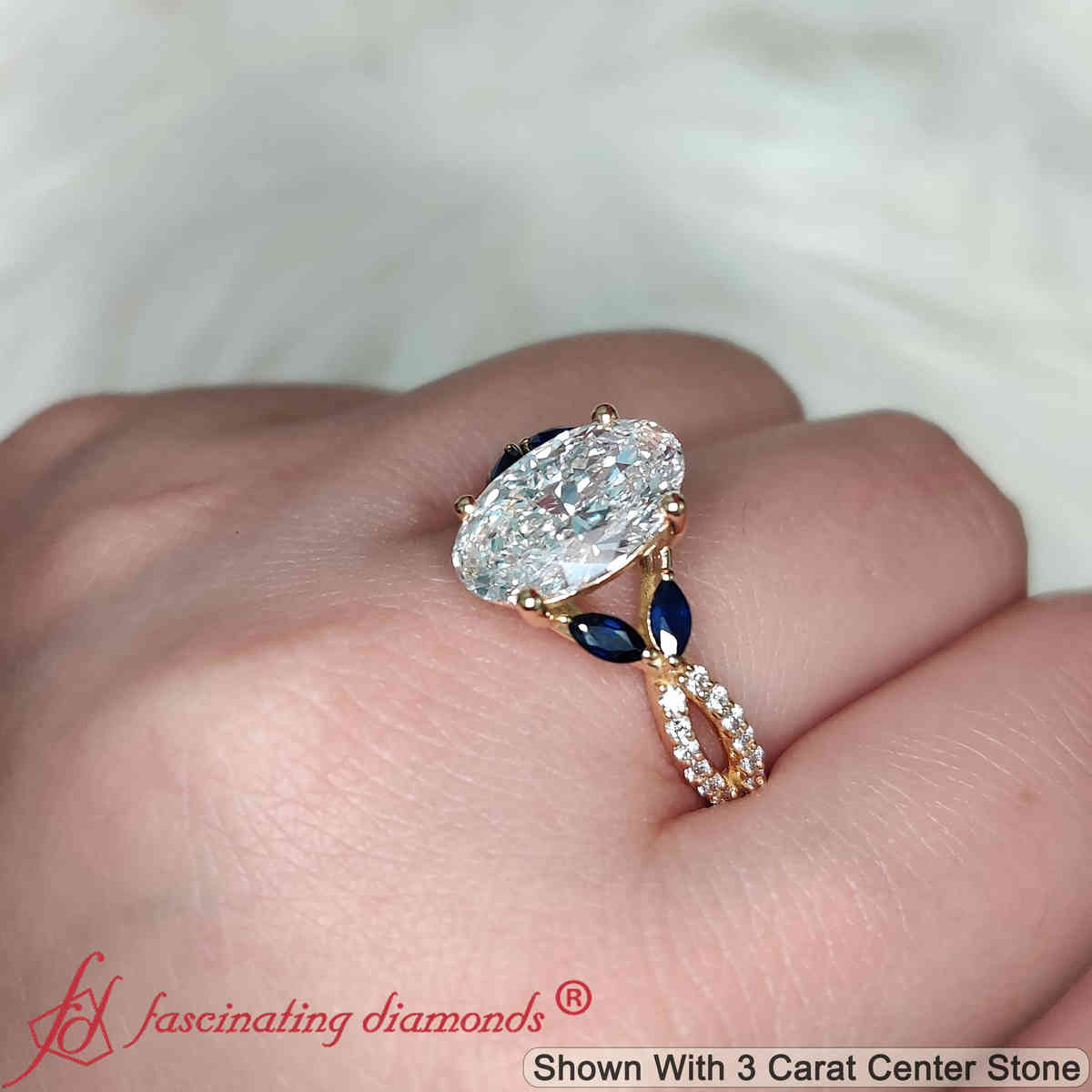 3 Carat Oval Lab Diamond Twisted Vine Engagement Ring with 18K Yellow Gold Blue Sapphire