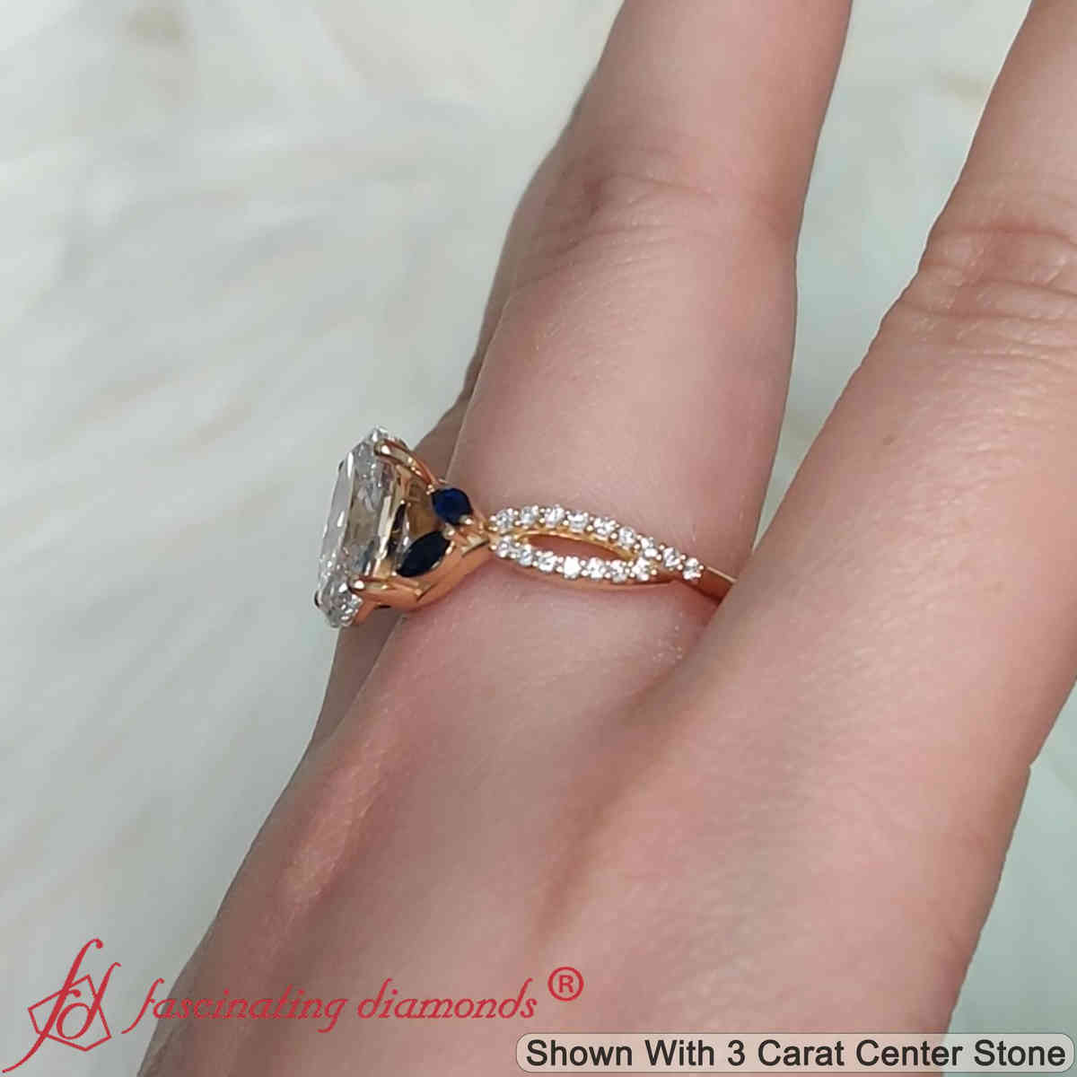 3 Carat Oval Lab Diamond Twisted Vine Engagement Ring with 18K Yellow Gold Blue Sapphire