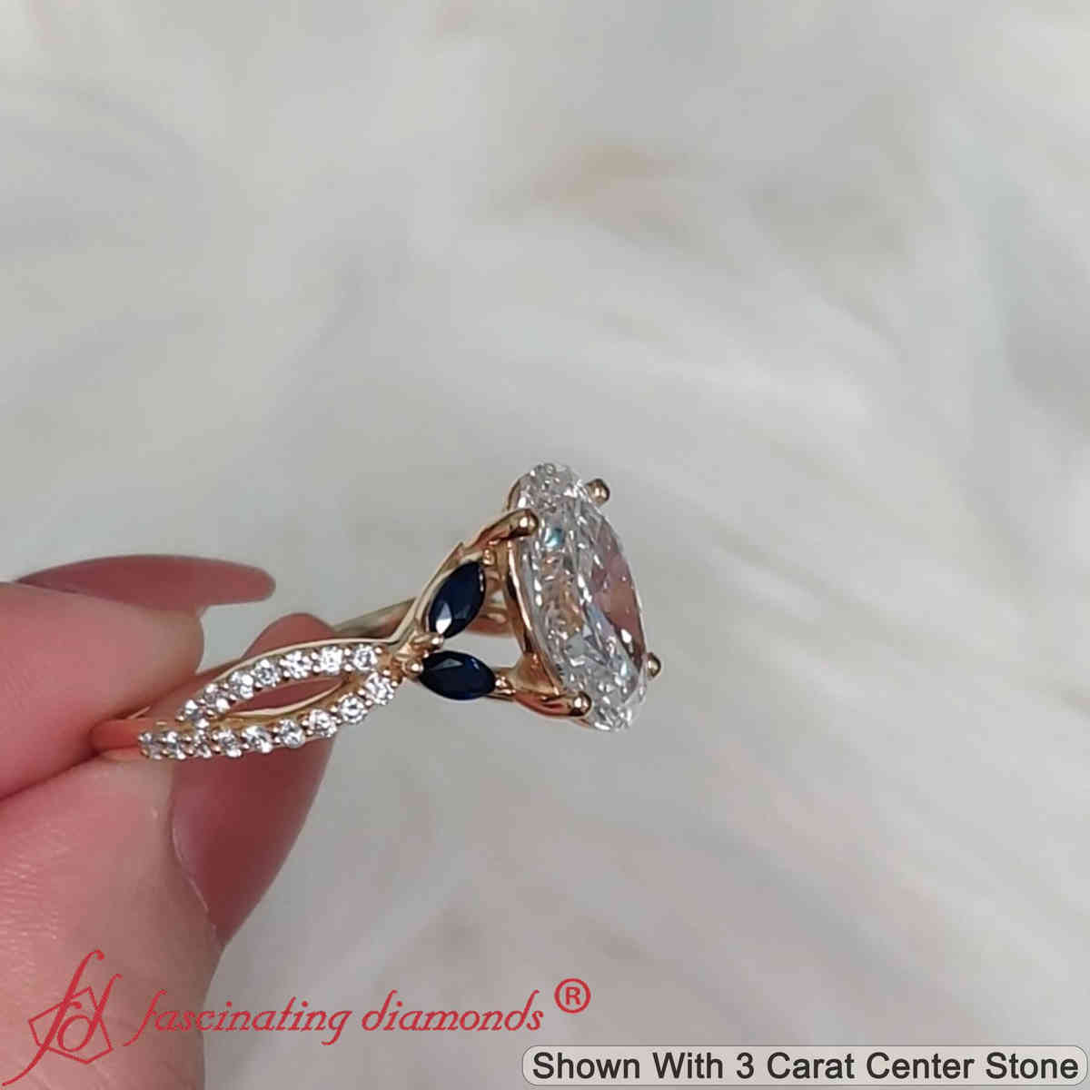 3 Carat Oval Lab Diamond Twisted Vine Engagement Ring with 18K Yellow Gold Blue Sapphire