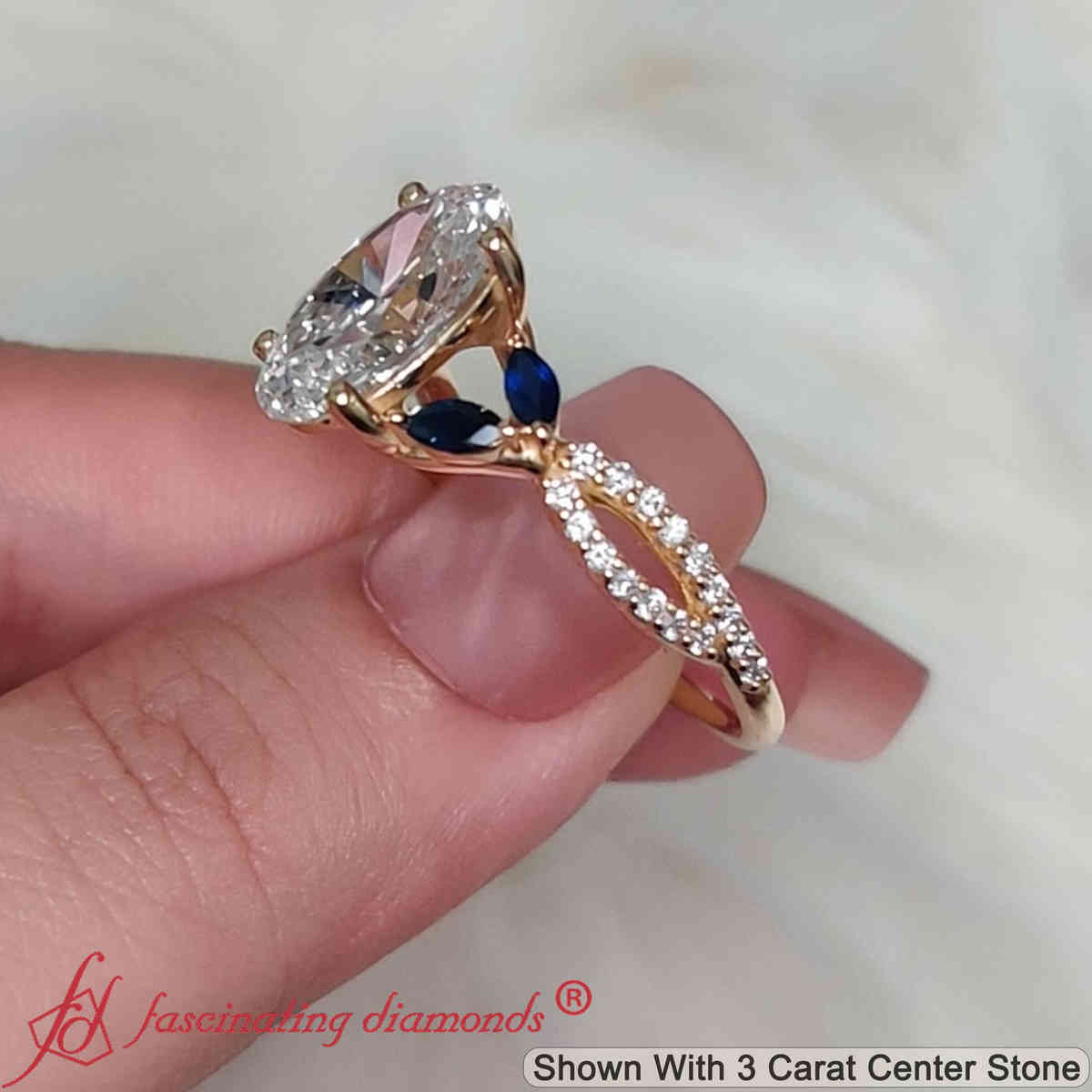 3 Carat Oval Lab Diamond Twisted Vine Engagement Ring with 18K Yellow Gold Blue Sapphire