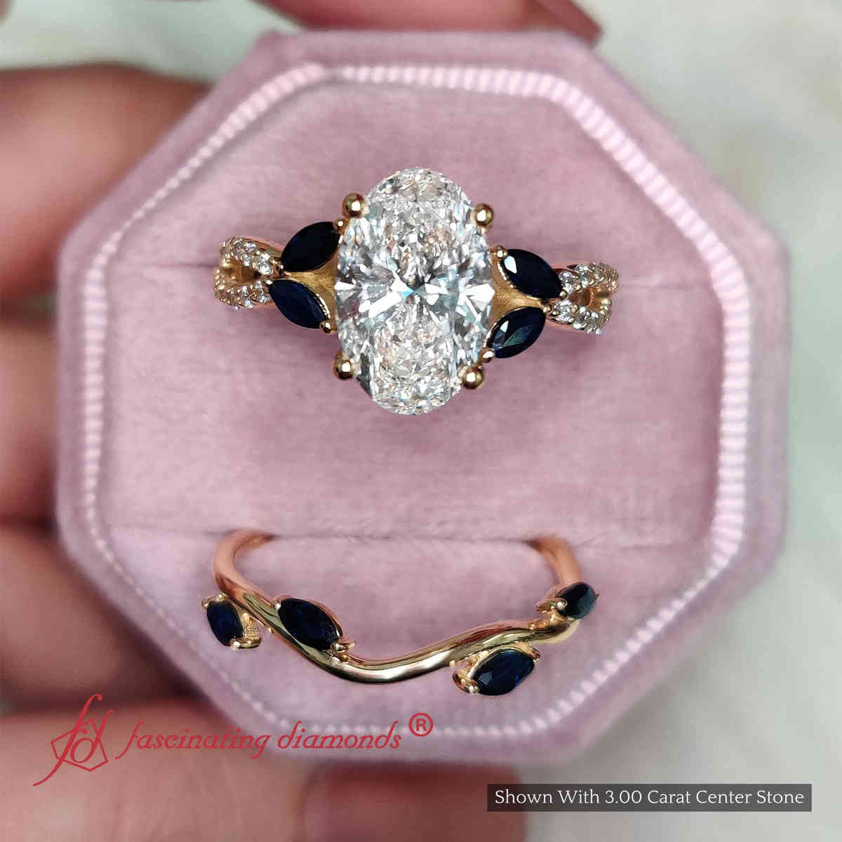 Oval Shaped Vine Accented Wedding Ring Set with Blue Sapphire in 18K Yellow Gold