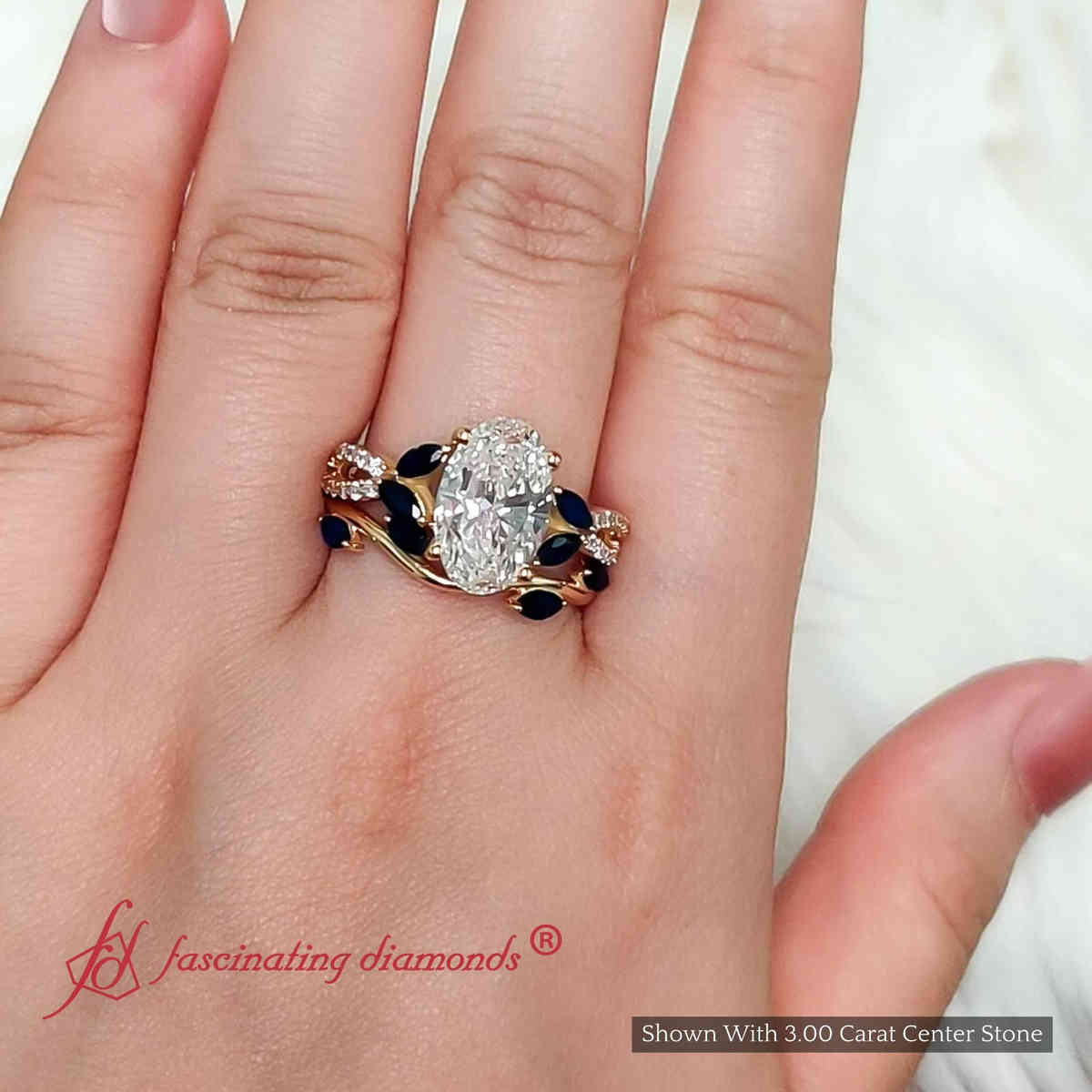 Oval Shaped Vine Accented Wedding Ring Set with Blue Sapphire in 18K Yellow Gold