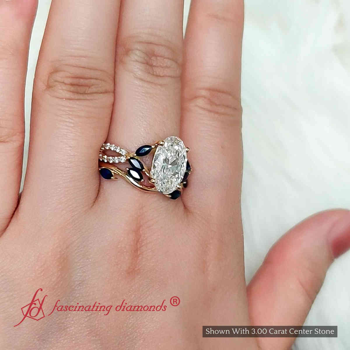 3 Ct. Oval Lab Diamond Big Split Ring With Marquise Band with 18K Yellow Gold Blue Sapphire
