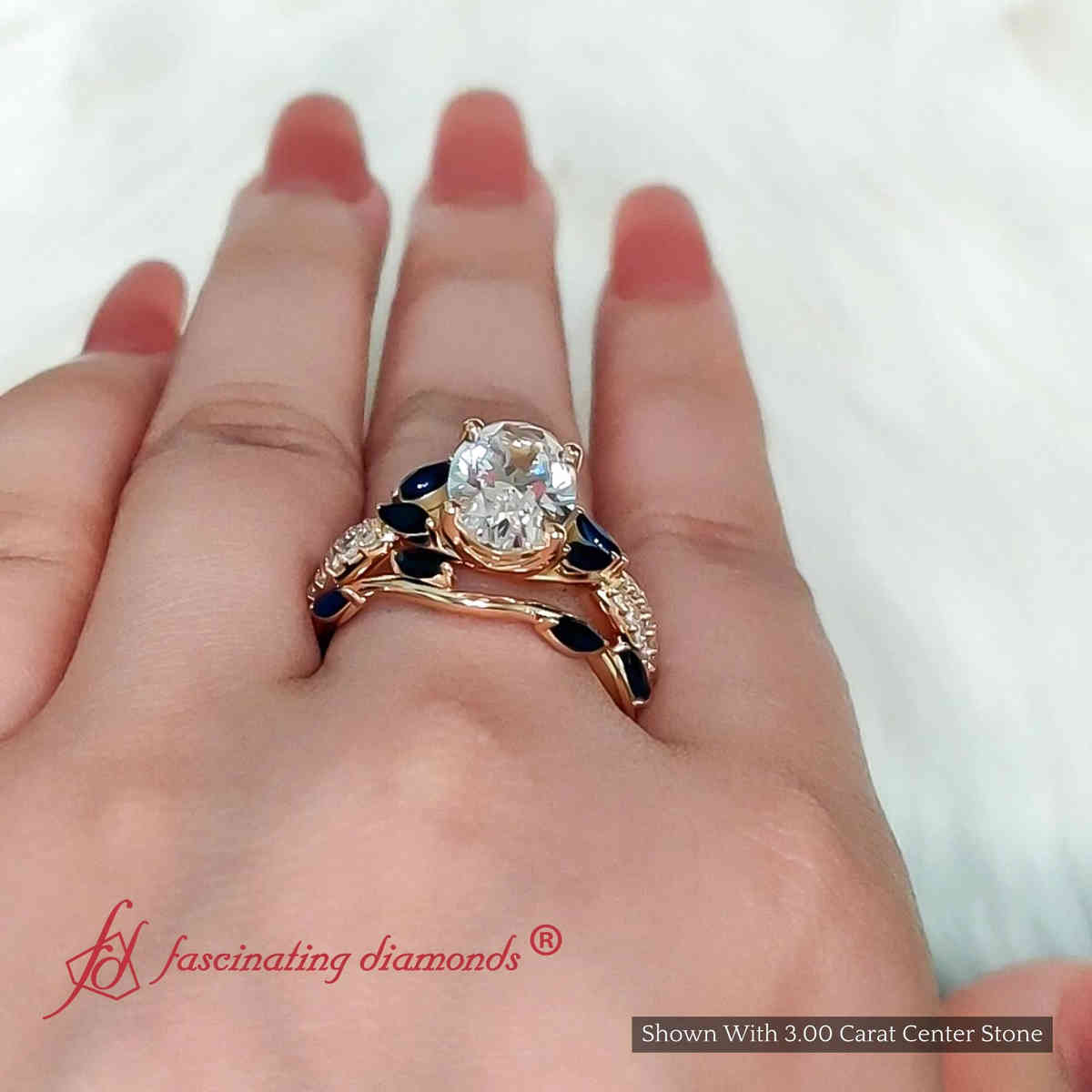 3 Ct. Oval Lab Diamond Big Split Ring With Marquise Band with 18K Yellow Gold Blue Sapphire