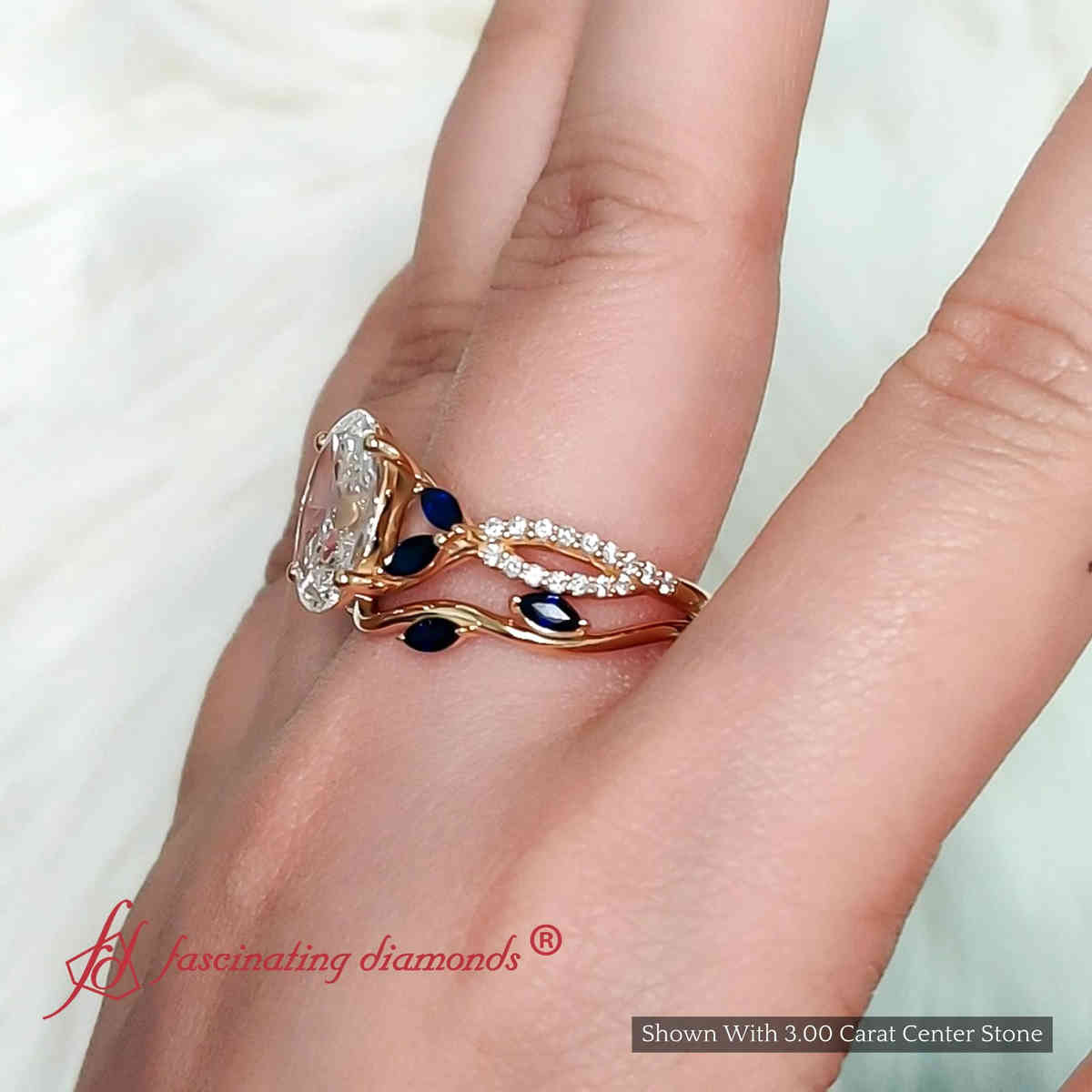 3 Ct. Oval Lab Diamond Big Split Ring With Marquise Band with 18K Yellow Gold Blue Sapphire