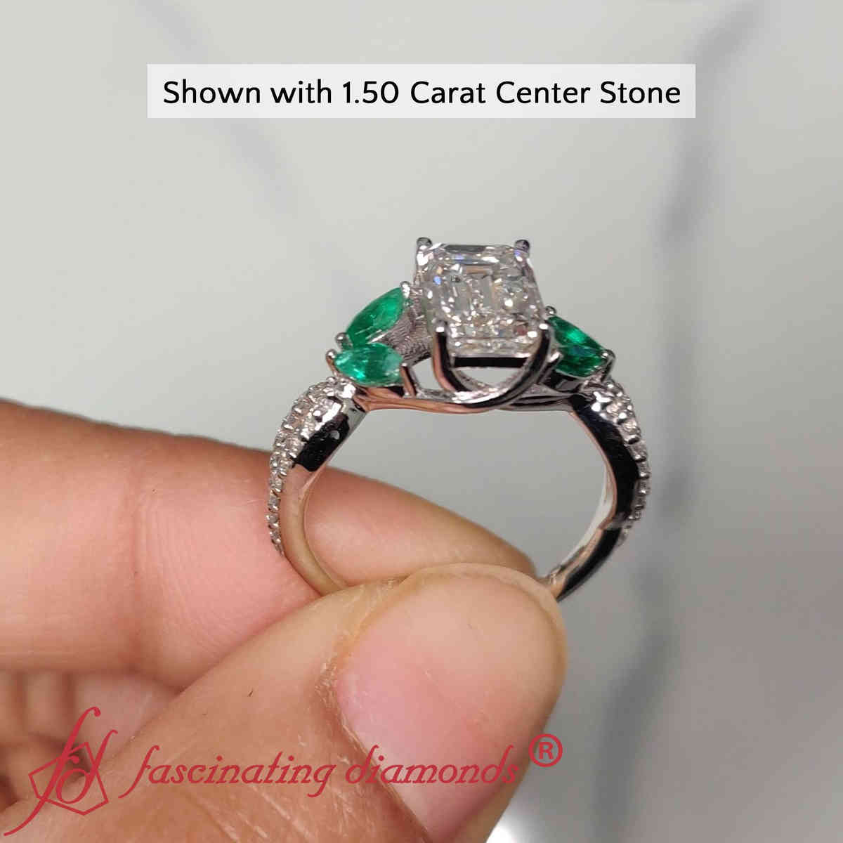 Emerald Cut Lab Diamond 2 Carat Twisted Shank Ring with 14K White Gold Green Emerald