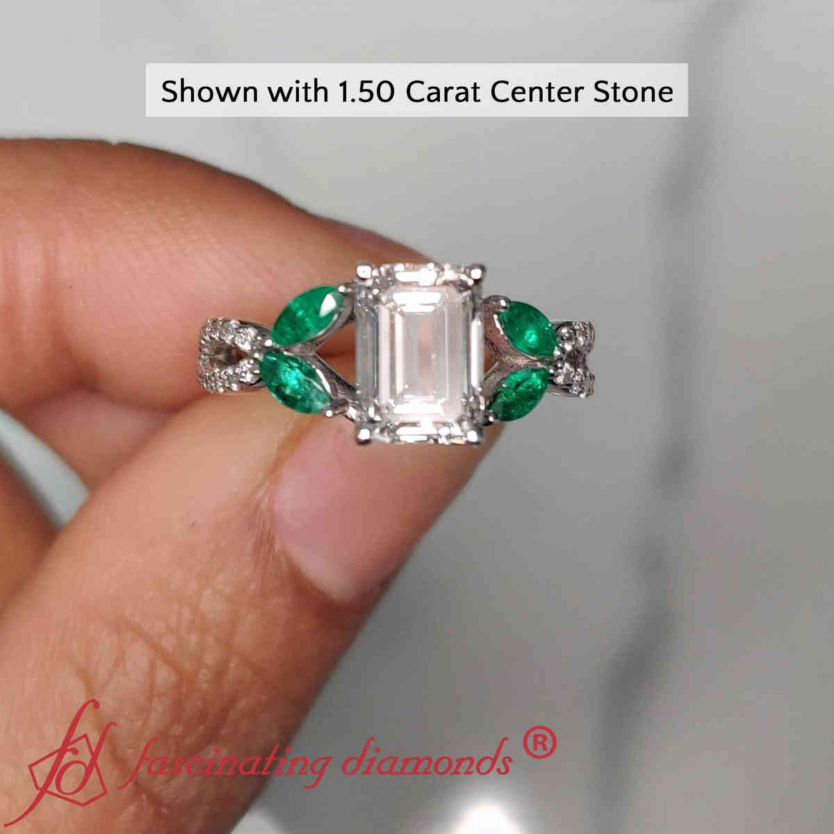 Emerald Cut Lab Diamond 2 Carat Twisted Shank Ring with 14K White Gold Green Emerald