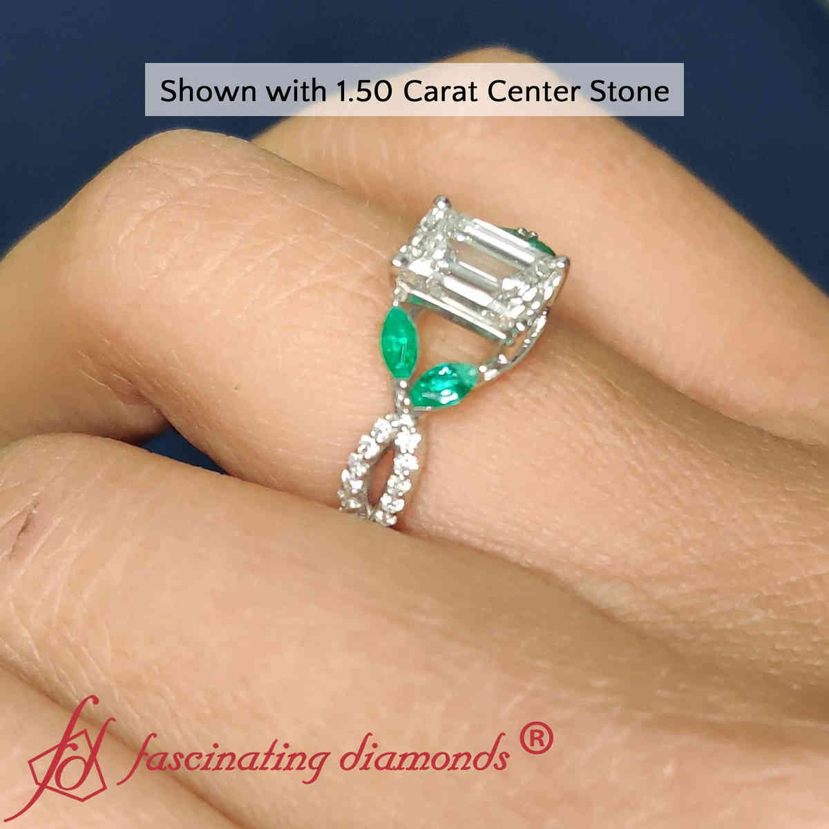 Emerald Cut Lab Diamond 2 Carat Twisted Shank Ring with 14K White Gold Green Emerald