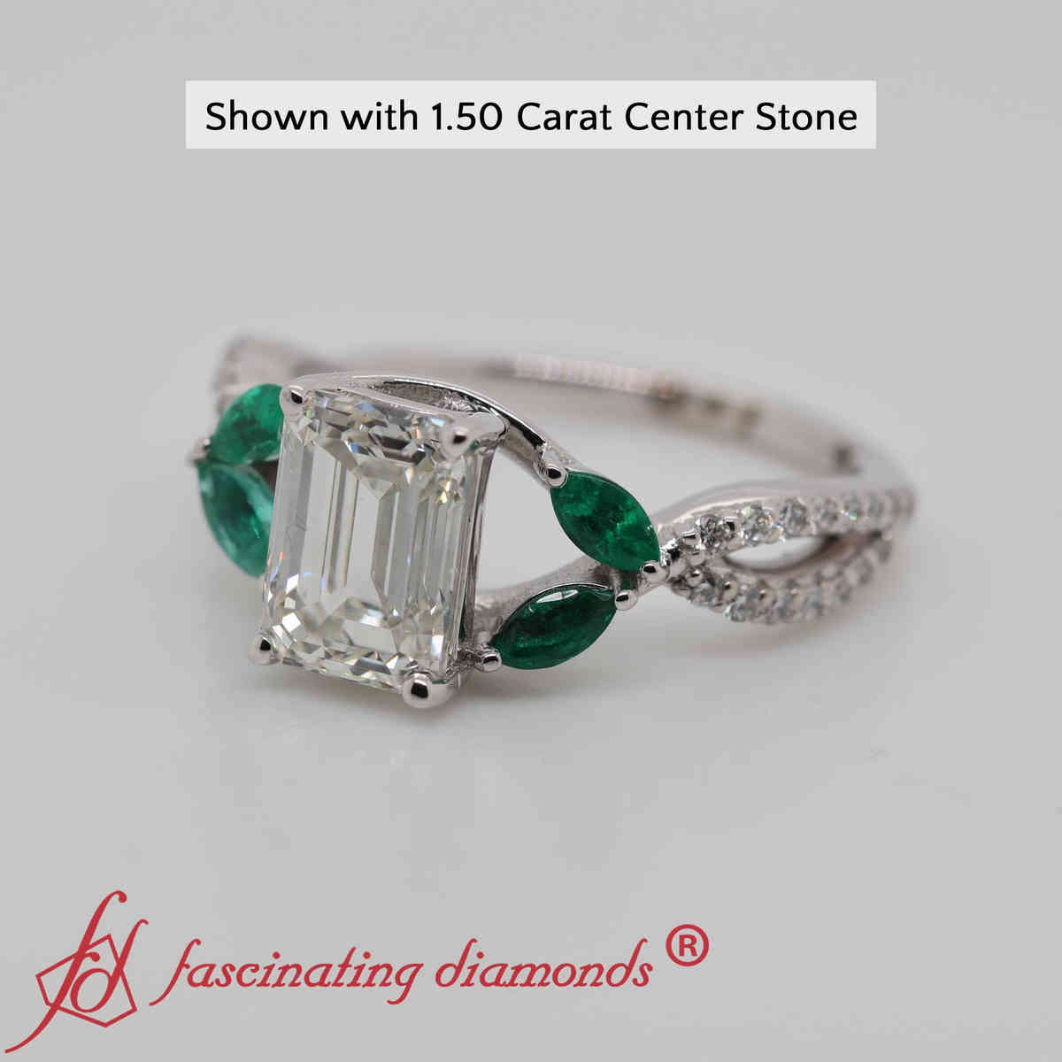 Emerald Cut Lab Diamond 2 Carat Twisted Shank Ring with 14K White Gold Green Emerald