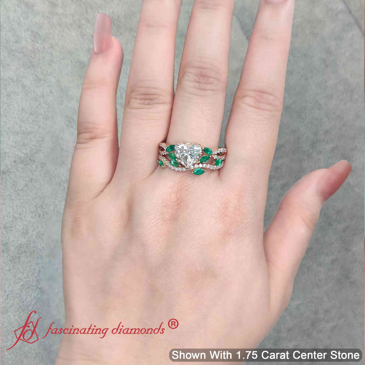 Heart Shaped Lab Diamond Twisted Ring With Band with 18K Rose Gold Green Emerald