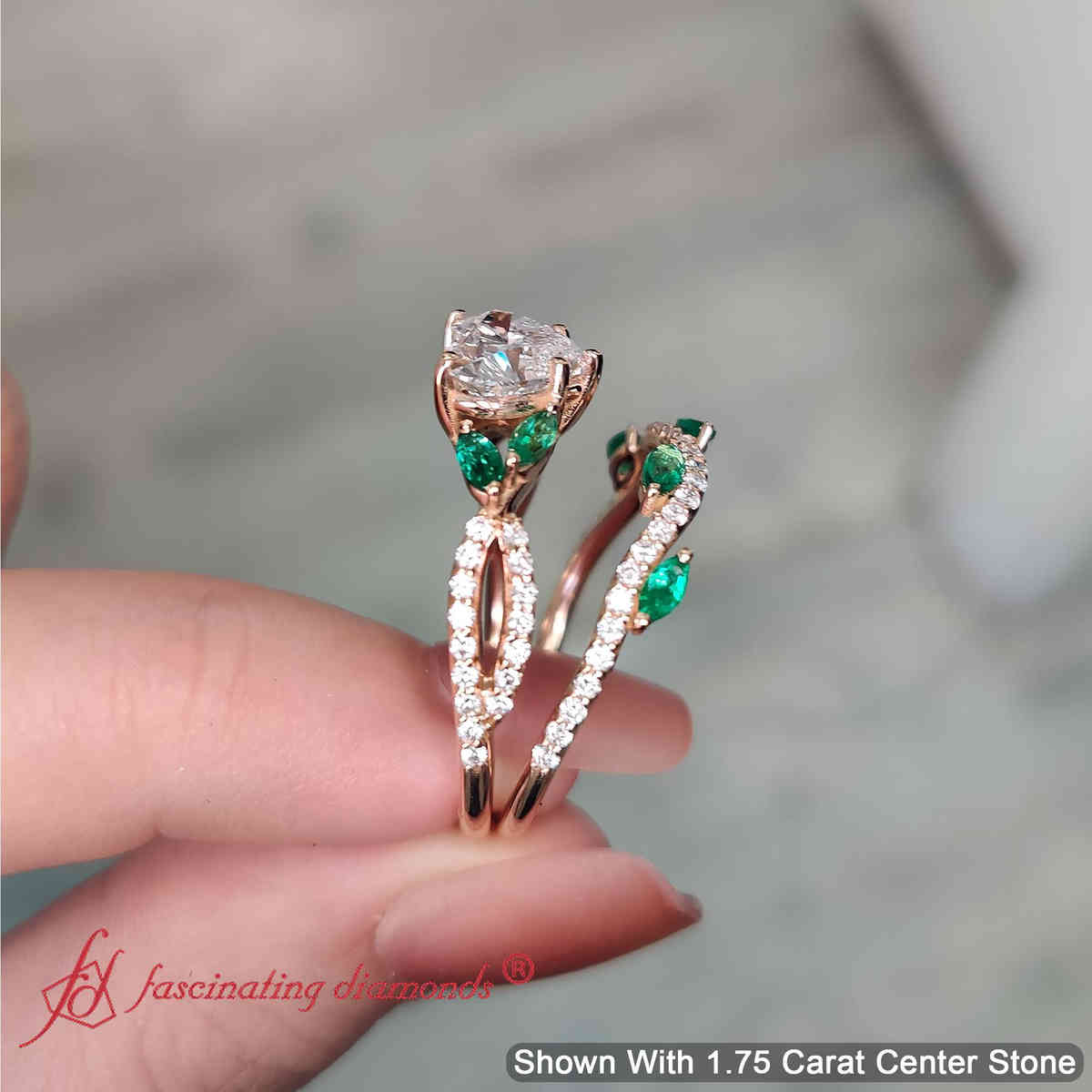 Heart Shaped Lab Diamond Twisted Ring With Band with 18K Rose Gold Green Emerald