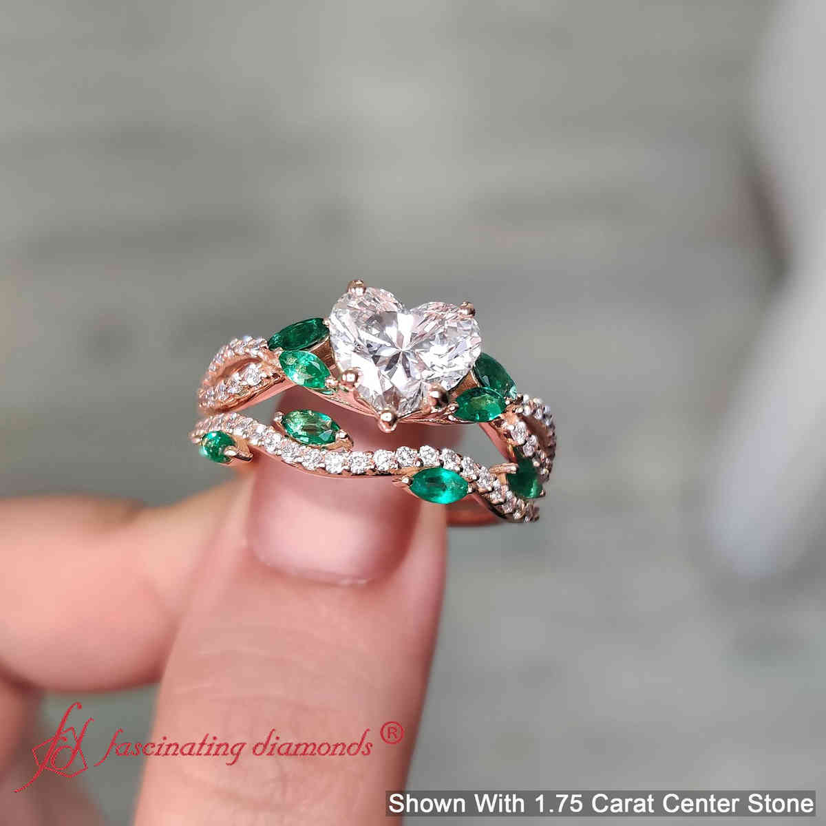 Heart Shaped Lab Diamond Twisted Ring With Band with 18K Rose Gold Green Emerald