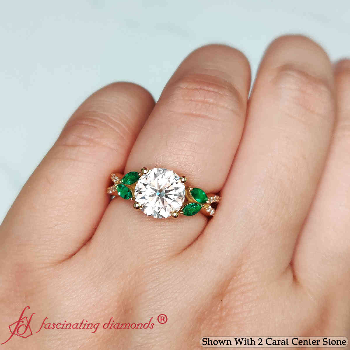 Round Shaped Twisted Split Vine Engagement Ring with Green Emerald in 14K Yellow Gold