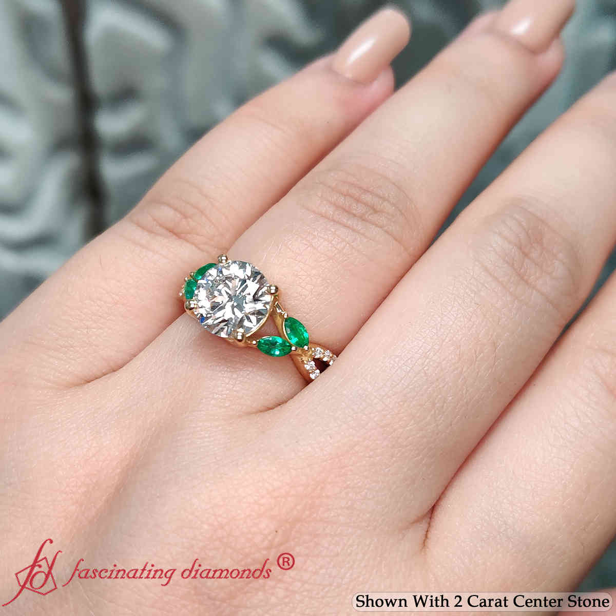 Round Shaped Twisted Split Vine Engagement Ring with Green Emerald in 14K Yellow Gold