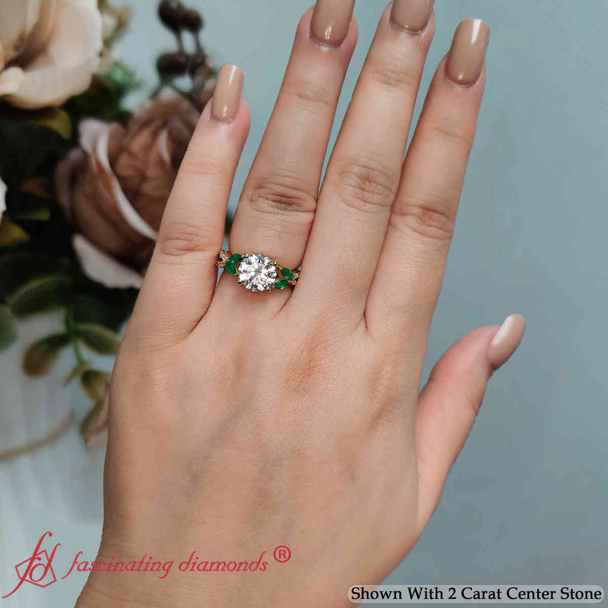 Round Shaped Twisted Split Vine Engagement Ring with Green Emerald in 14K Yellow Gold