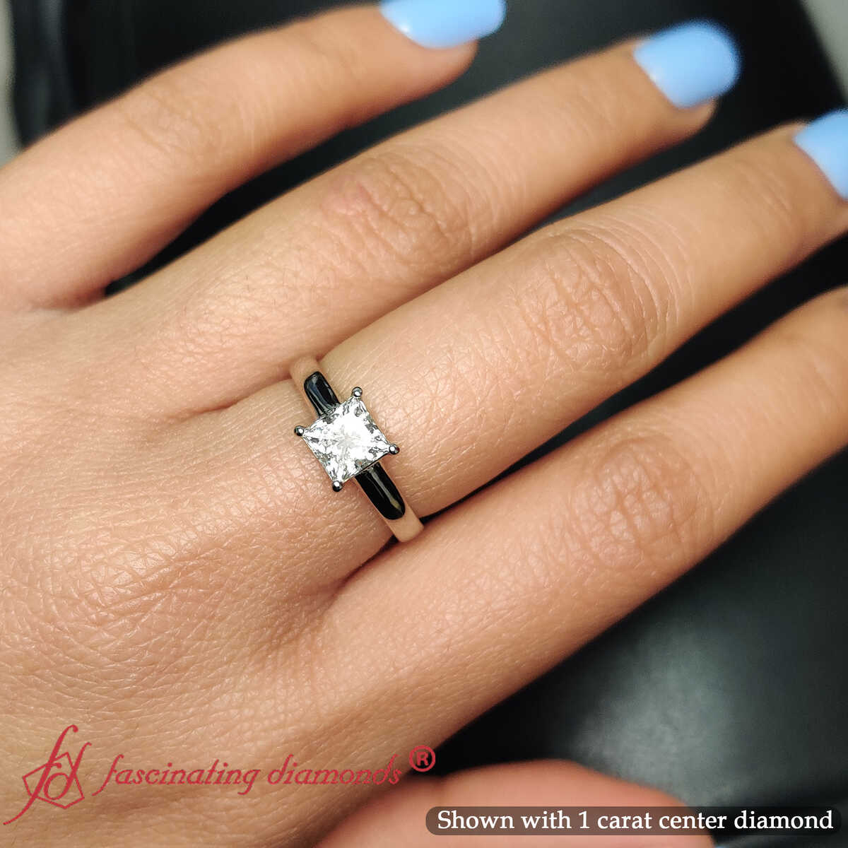 Princess Shaped Cathedral Flat Band Solitaire Engagement Ring with undefined in 14K White Gold