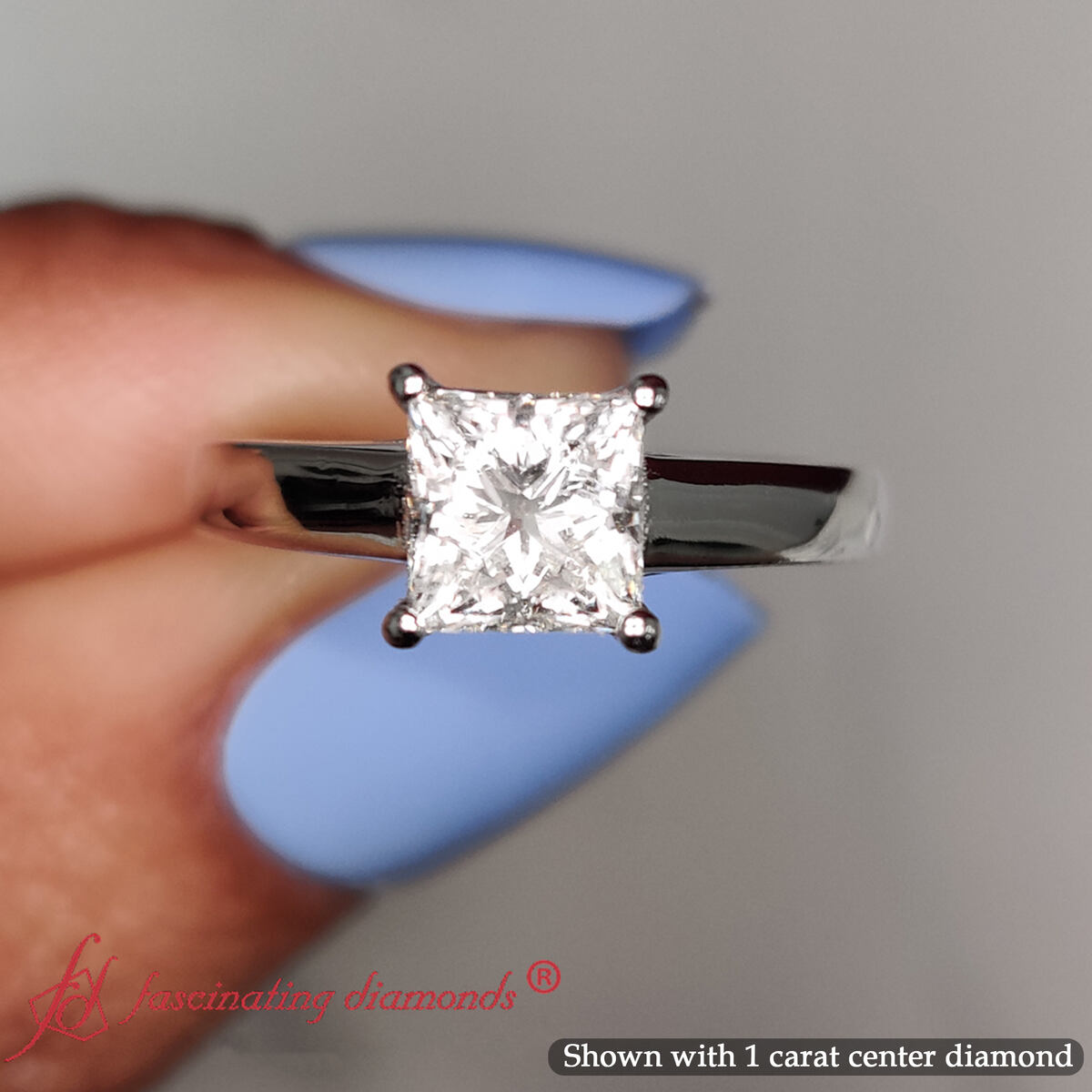 Princess Shaped Cathedral Flat Band Solitaire Engagement Ring with undefined in 14K White Gold