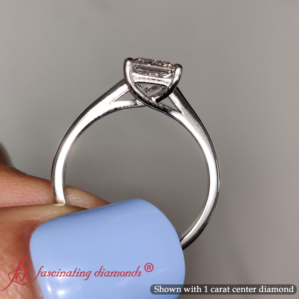 Princess Shaped Cathedral Flat Band Solitaire Engagement Ring with undefined in 14K White Gold